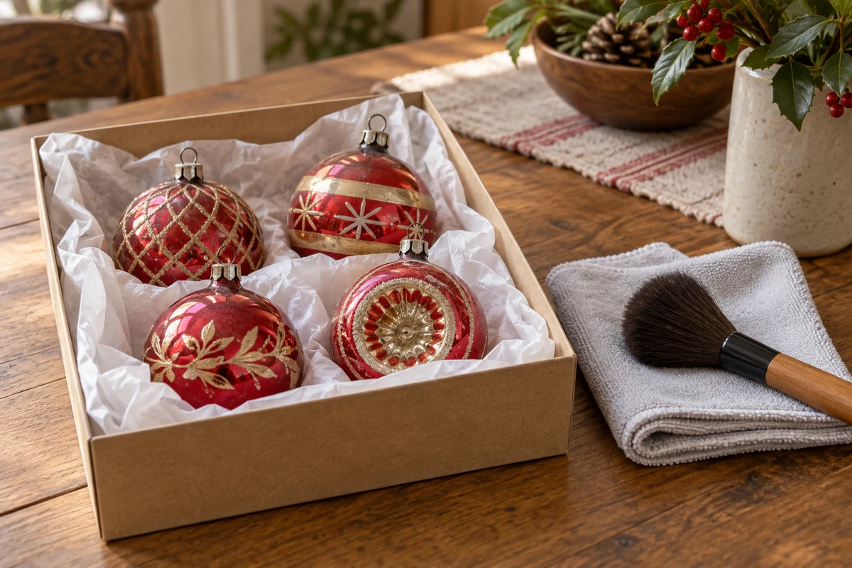 Vintage baubles in tissue beside a soft cleaning brush