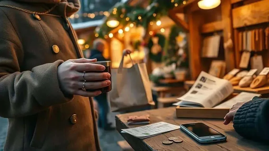 Visitor holding a warm drink beside a festive stall