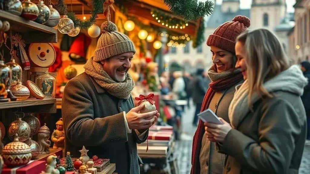 Visitors browsing a Christmas ornament stall together Visitors browsing a Christmas ornament stall together