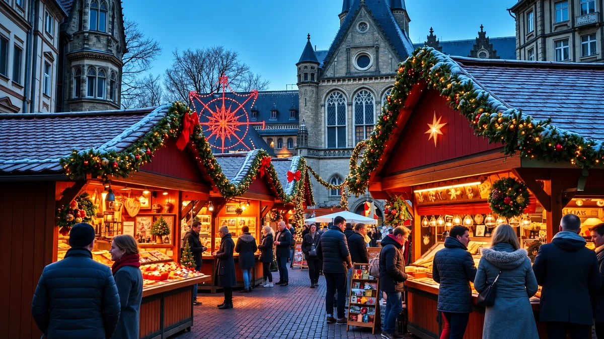 Visitors browsing decorated European Christmas market stalls
