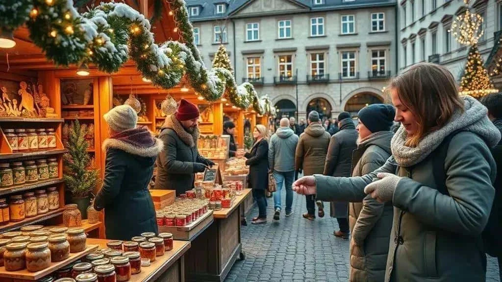Visitors browsing jars and gifts at a winter market stall Visitors browsing jars and gifts at a winter market stall