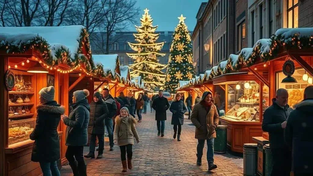 Visitors exploring illuminated Christmas market stalls