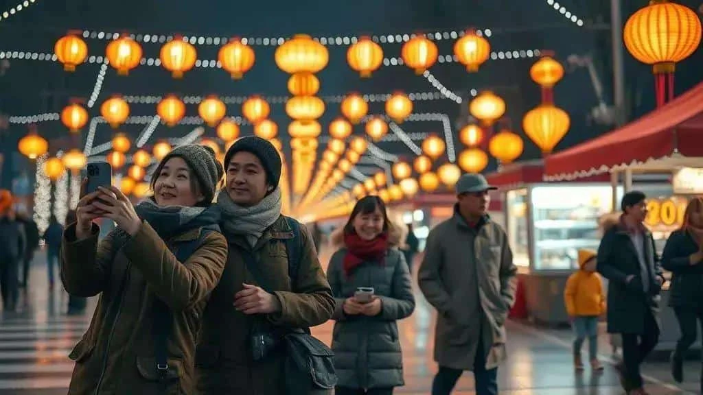 Visitors photographing a festive lantern display Visitors photographing a festive lantern display