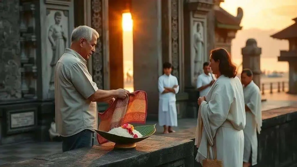 Visitors receiving cloth coverings at a temple entrance
