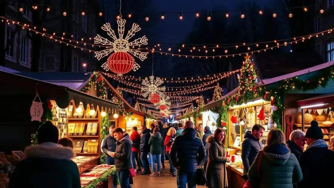 Visitors walking through a Christmas market at night