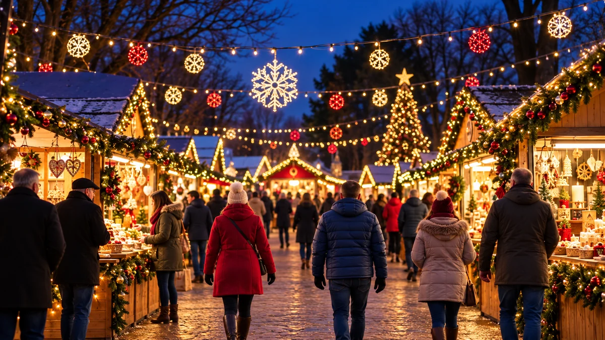Visitors walking through a decorated Christmas market