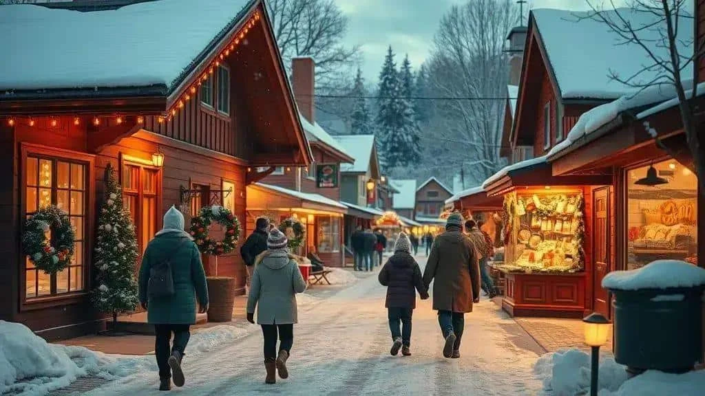 Visitors walking through a snowy festive village