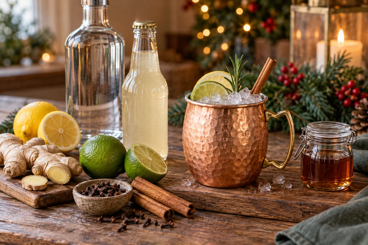 Vodka ginger beer citrus and spices for a Christmas mule