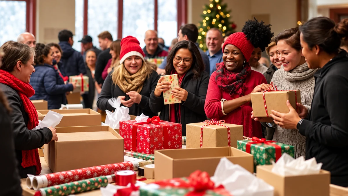 Volunteers packing Christmas gifts