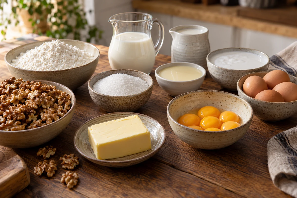 Walnut cake and coconut custard ingredients in plain bowls