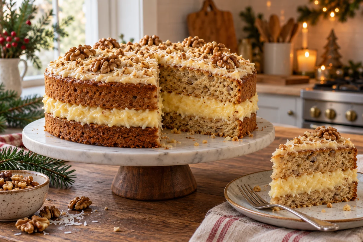 Walnut cake with a visible coconut custard filling