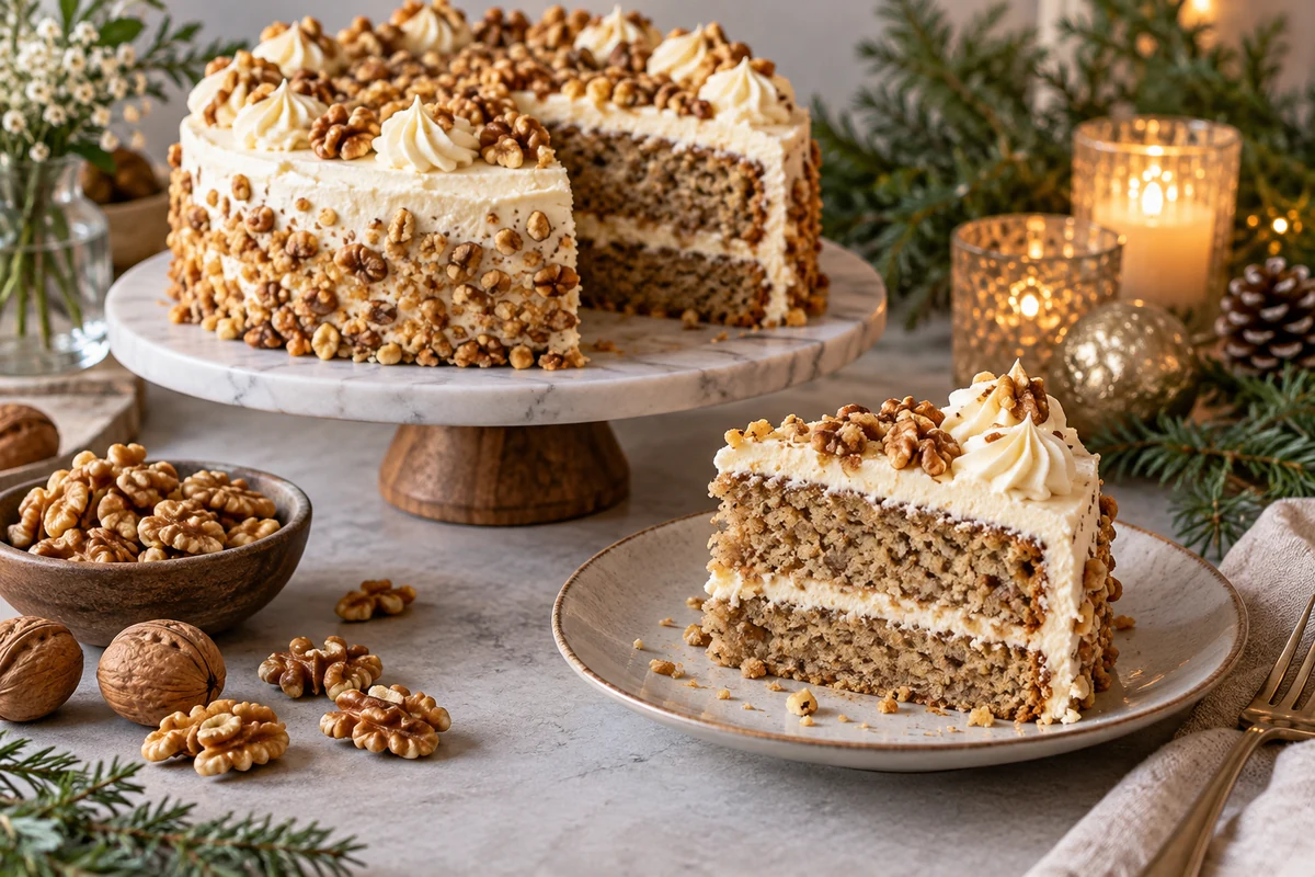 Walnut cake with cream icing