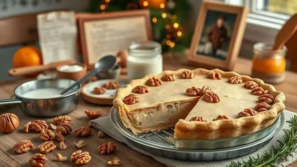 Walnut tart on a Christmas kitchen table