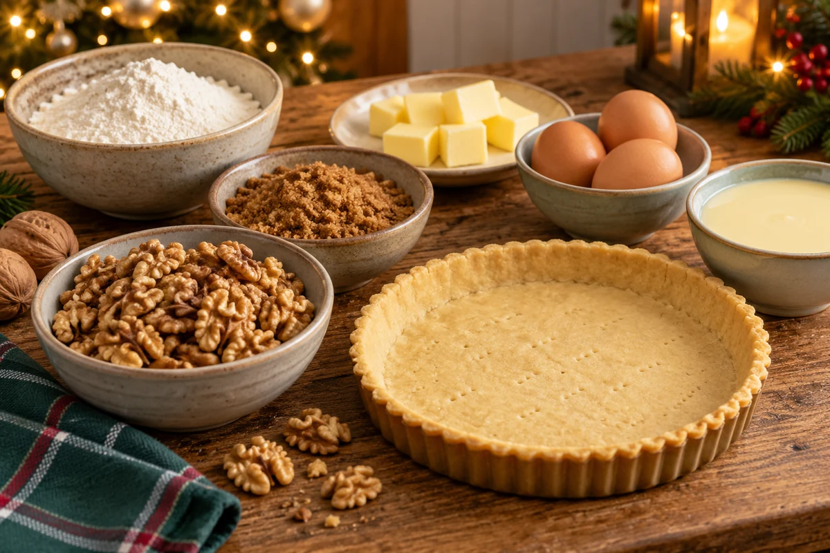 Walnuts, eggs and pastry ingredients for a Christmas tart