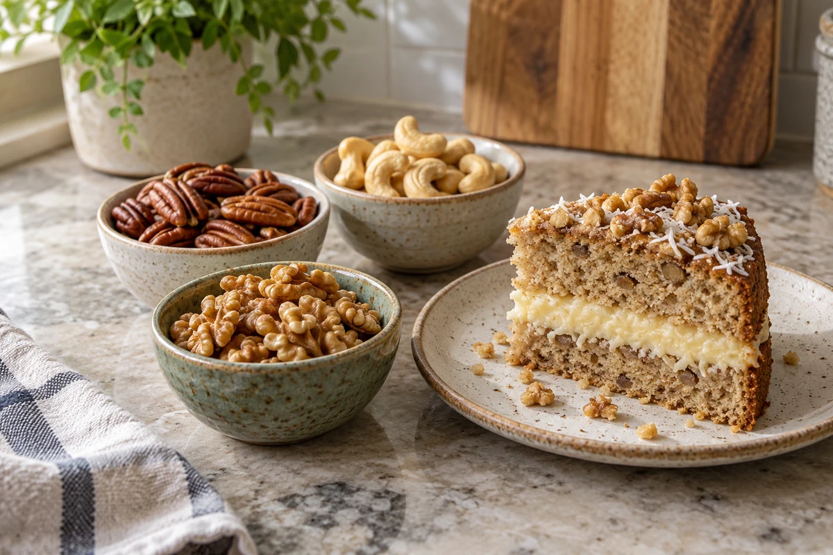 Walnuts pecans and cashews beside a walnut cake