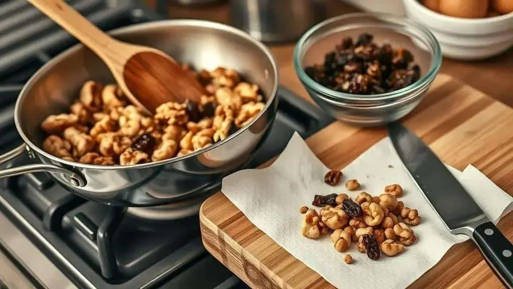 Walnuts toasting in a pan beside a bowl of raisins