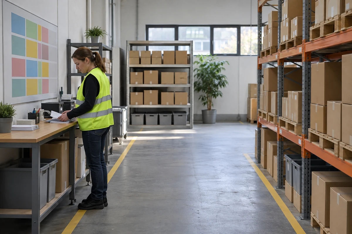 Warehouse worker beside a colour-coded planning board Warehouse worker beside a colour-coded planning board