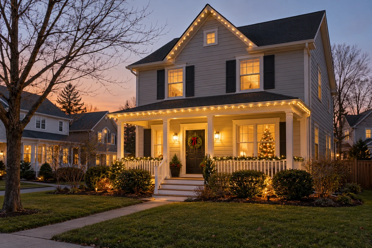 Warm Christmas lights and a wreath on an American style house