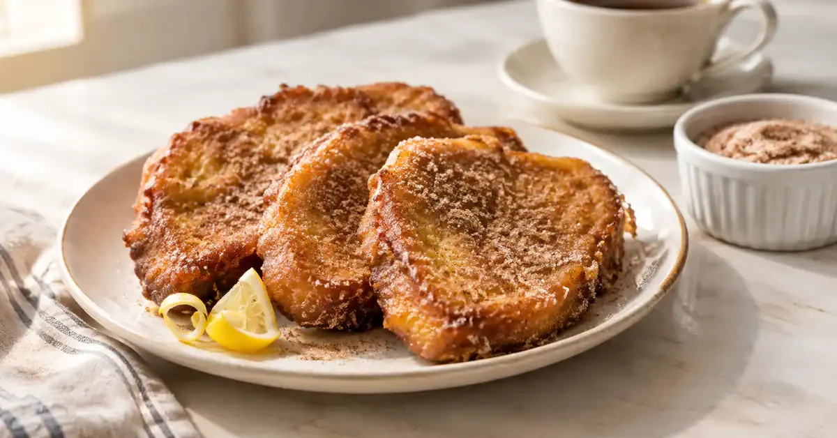 Warm cinnamon sugar rabanada served with a cup of coffee