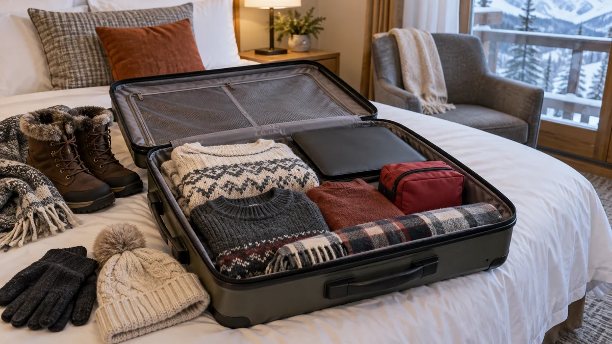 Warm clothes and a first aid pouch packed in a suitcase