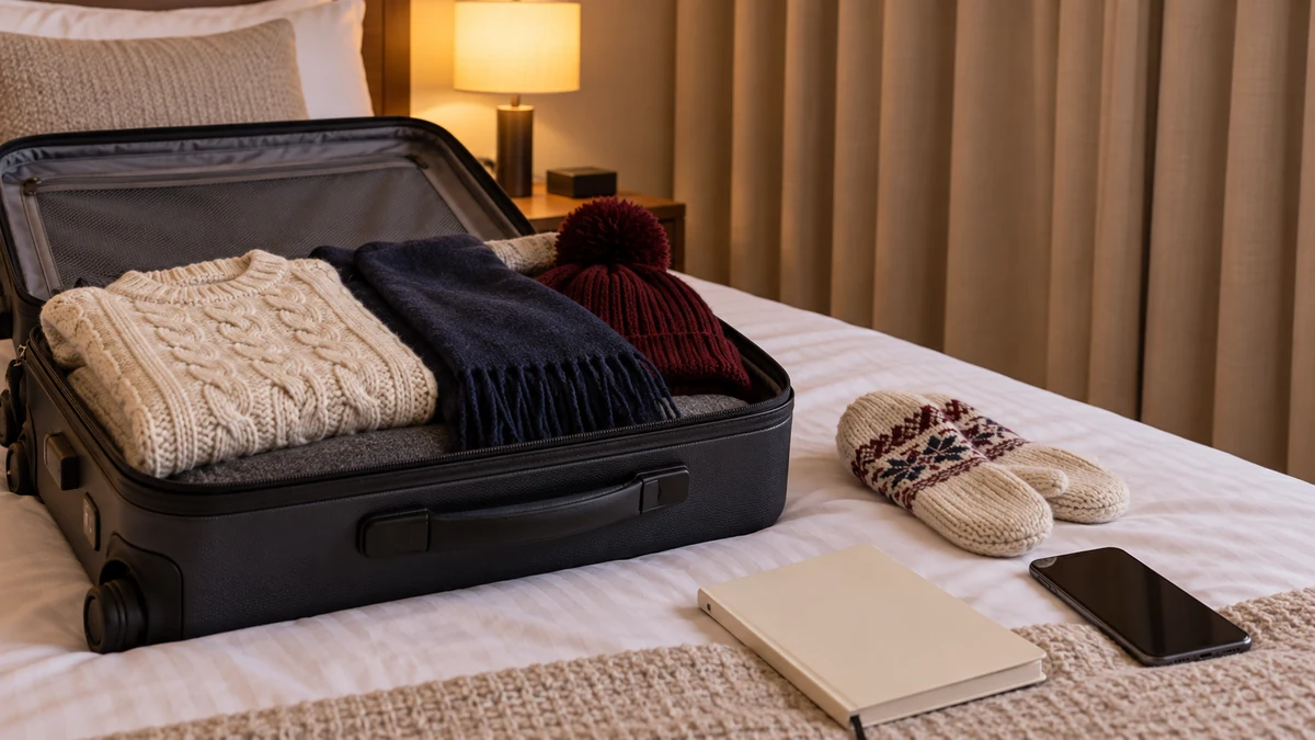 Warm clothes and travel essentials packed for a winter city break Warm clothes and travel essentials packed for a winter city break