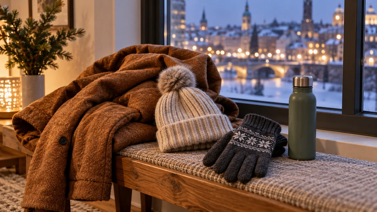 Warm coat gloves and hat for a winter city visit