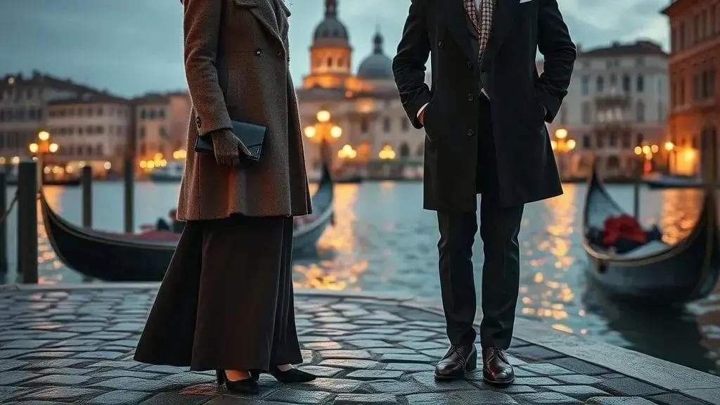 Warm coats and formal clothing for a winter evening in Venice