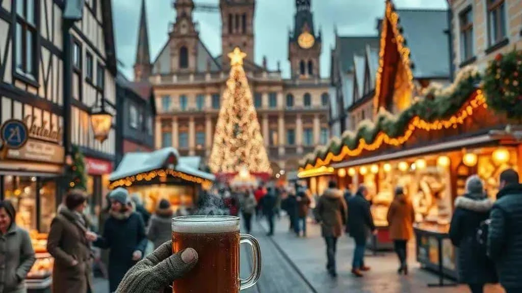 Warm drink among illuminated Christmas market stalls