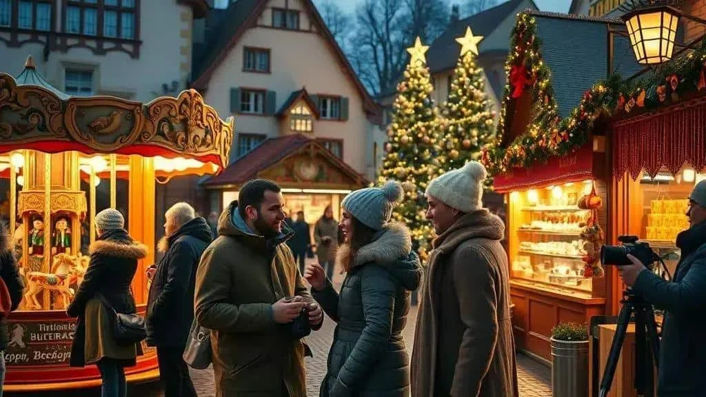 Warm lights above a festive market walkway