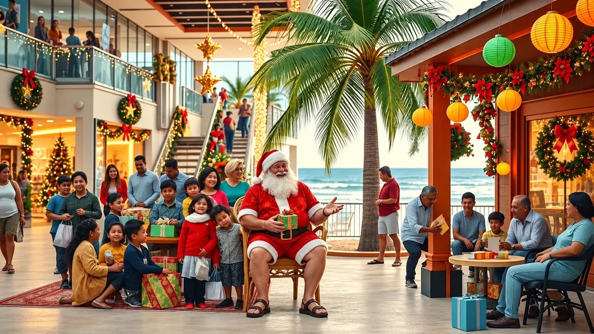 Warm-weather Santa celebration with families in a tropical setting Warm-weather Santa celebration with families in a tropical setting
