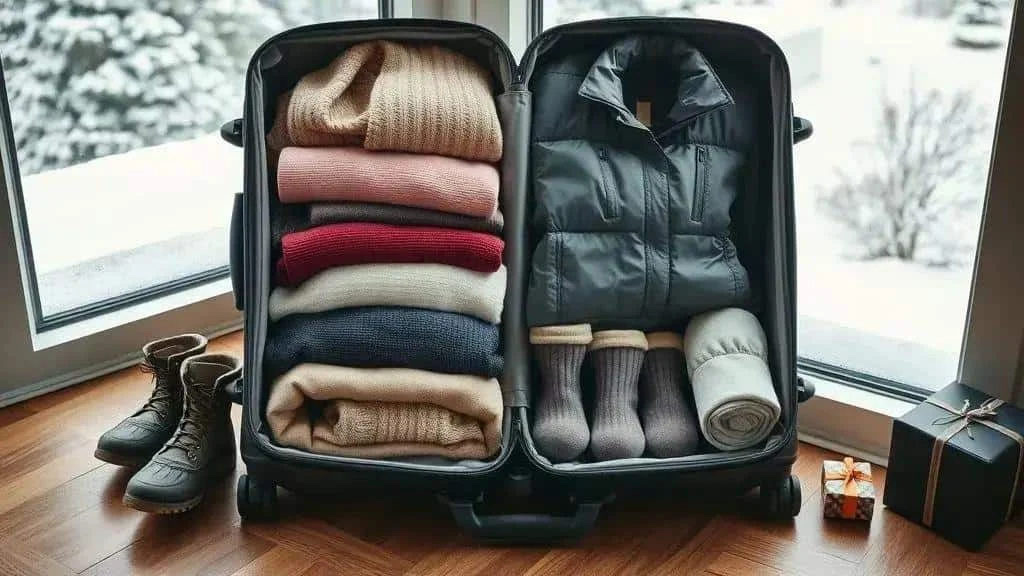 Warm winter clothing neatly packed in an open suitcase Warm winter clothing neatly packed in an open suitcase