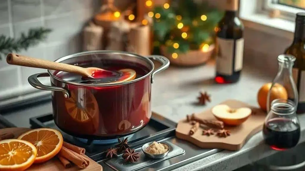 Warming mulled wine with orange in a saucepan
