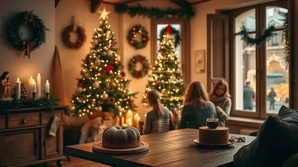 Warmly decorated Christmas room with cakes on a wooden table