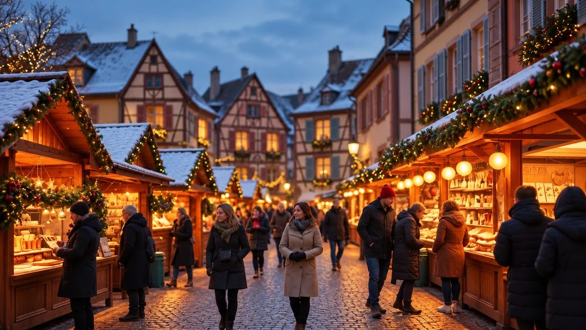 Warmly lit Alsatian Christmas market stalls