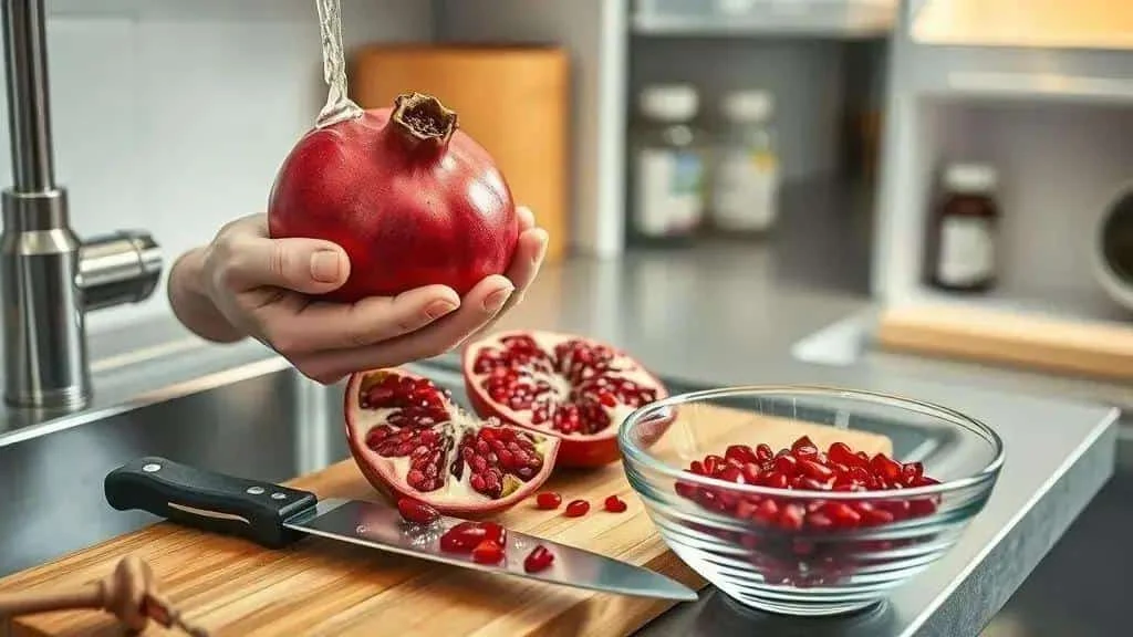 Washing a whole pomegranate before preparing it