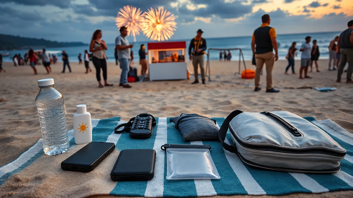 Water a phone and sun protection packed for a beach outing Water a phone and sun protection packed for a beach outing