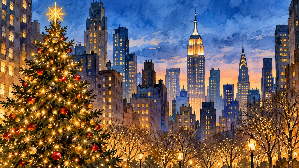 Watercolour Christmas tree lights against a New York skyline Watercolour Christmas tree lights against a New York skyline