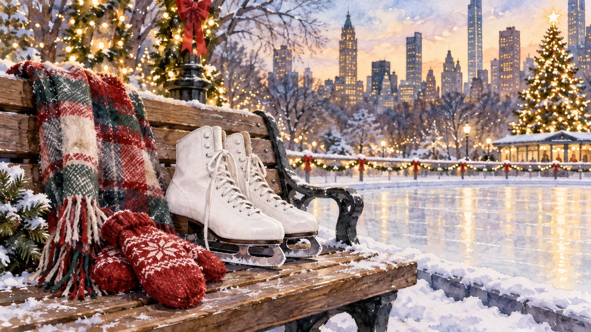 Watercolour ice skates and mittens beside festive lights Watercolour ice skates and mittens beside festive lights