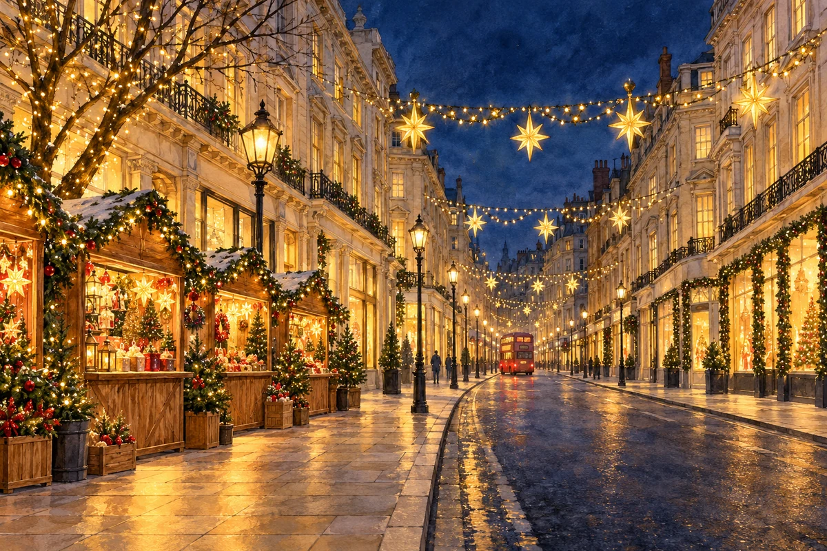 Watercolour illustration of Christmas lights and festive stalls in London