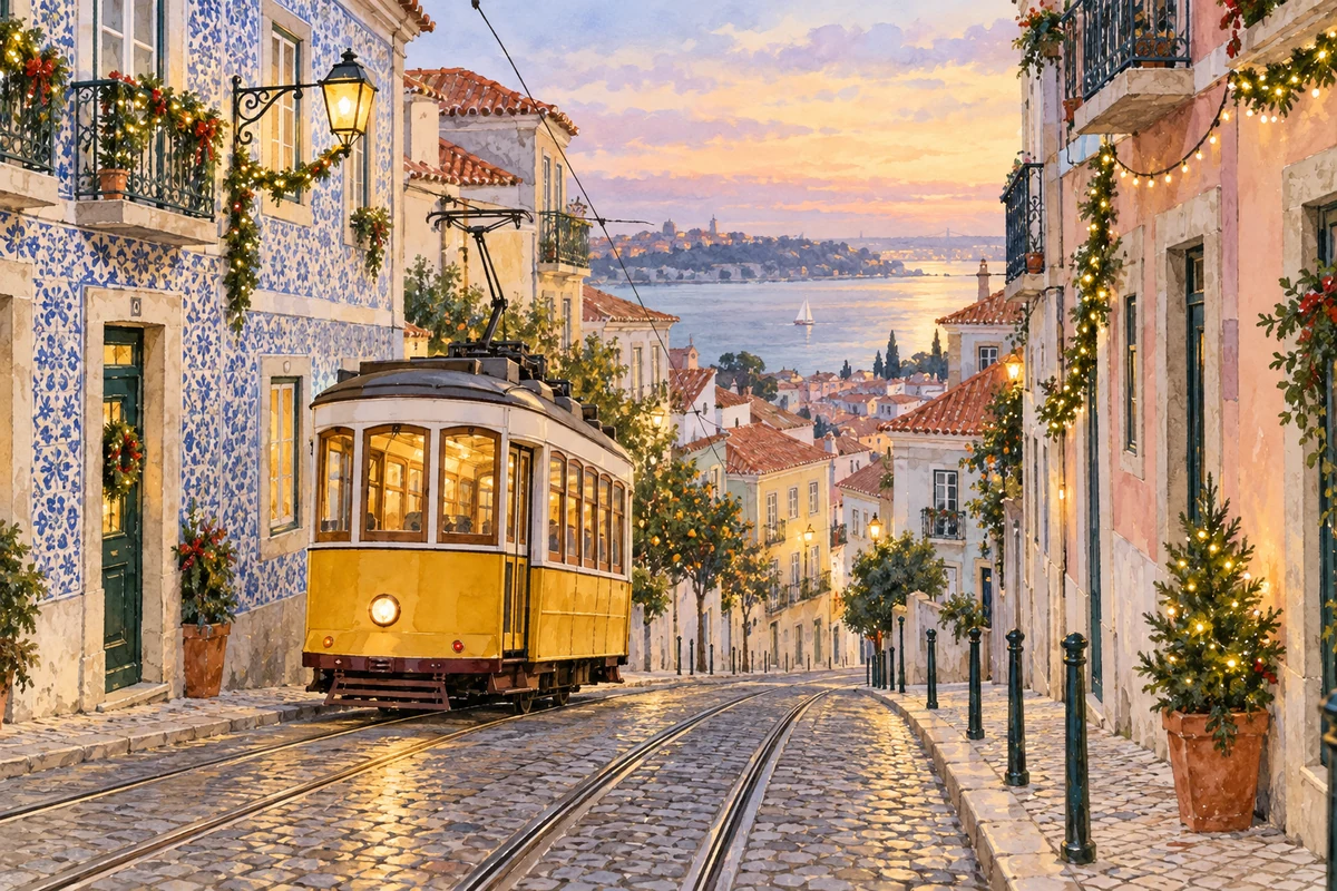 Watercolour impression of a Lisbon tram and festive tiled streets