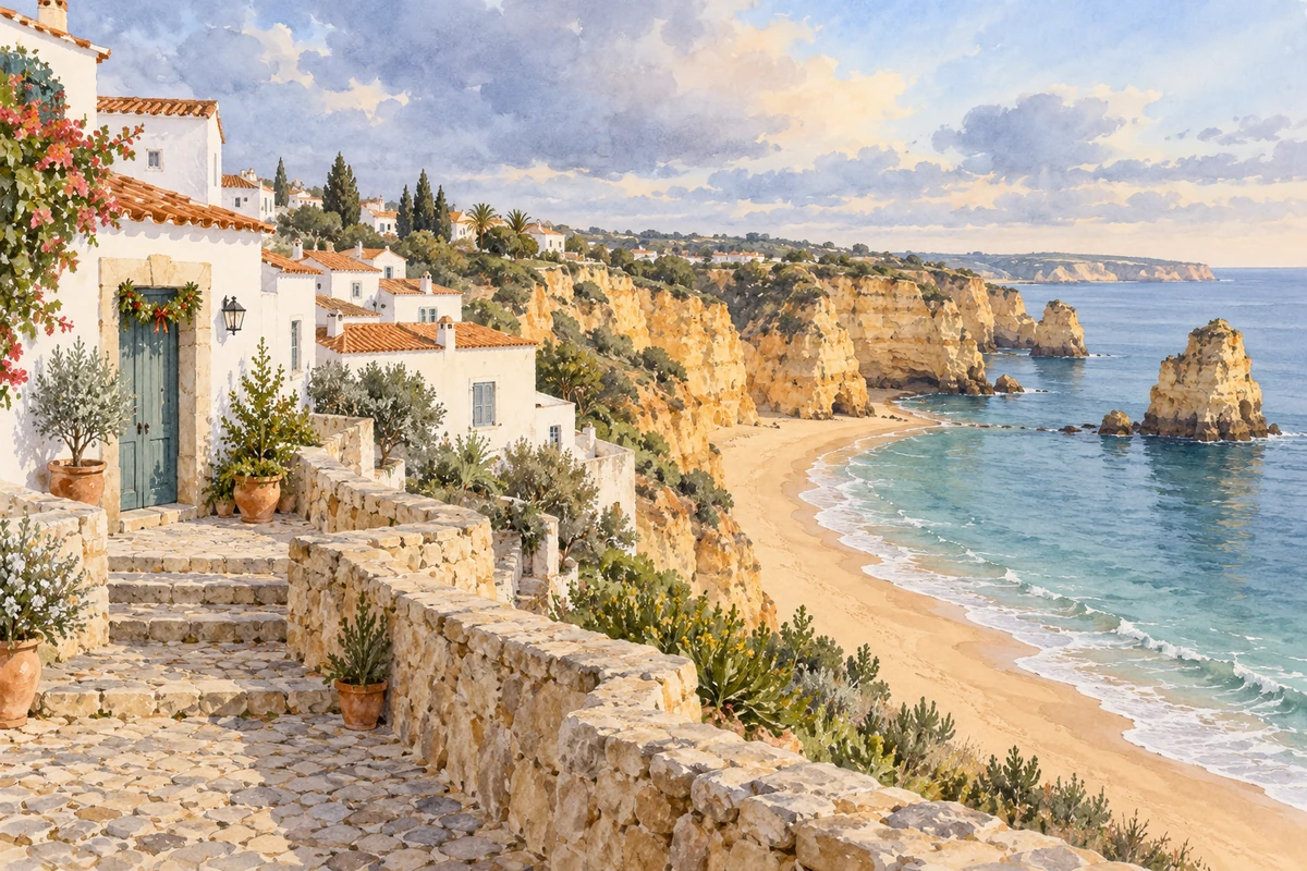 Watercolour impression of an Algarve coastal village in winter