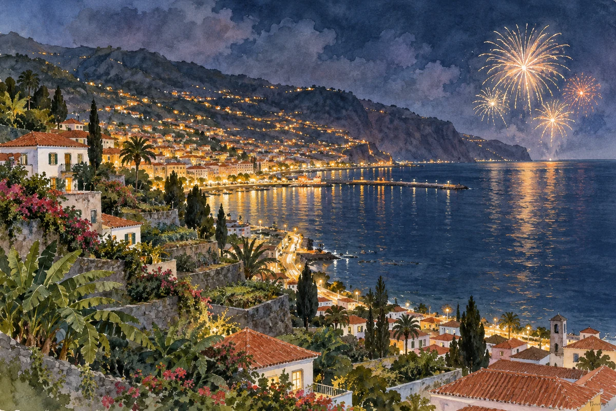 Watercolour impression of New Year fireworks over Funchal