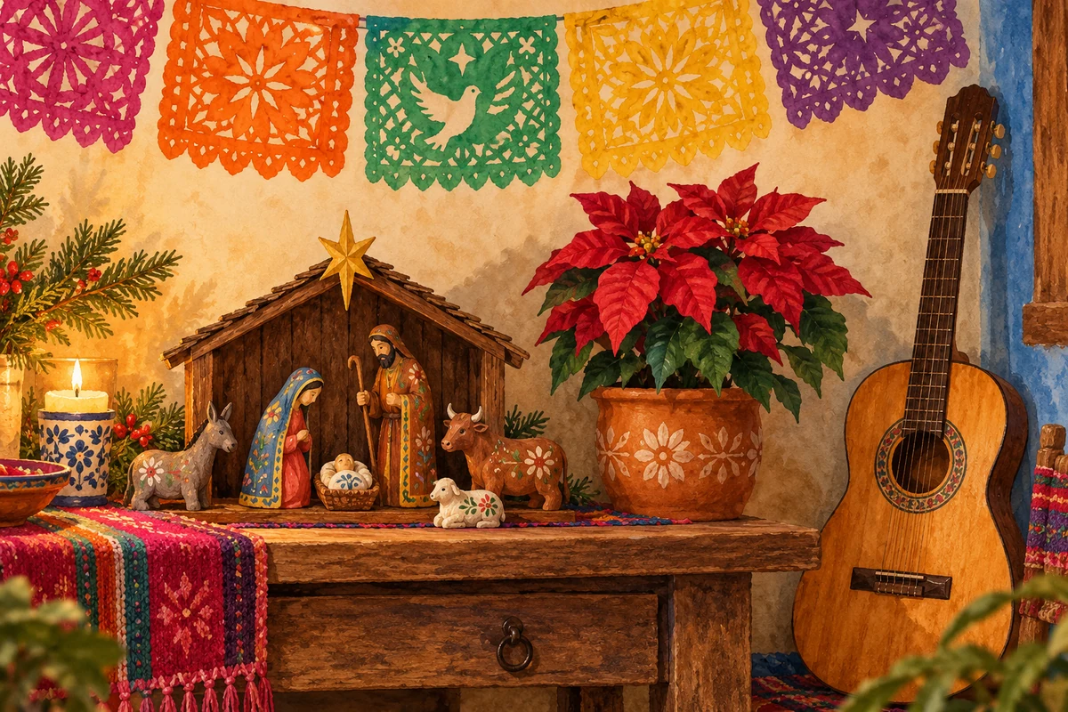 Watercolour Mexican Christmas crafts and a small nativity scene