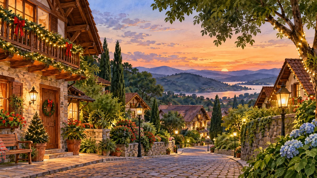 Watercolour of a southern Brazilian town at Christmas