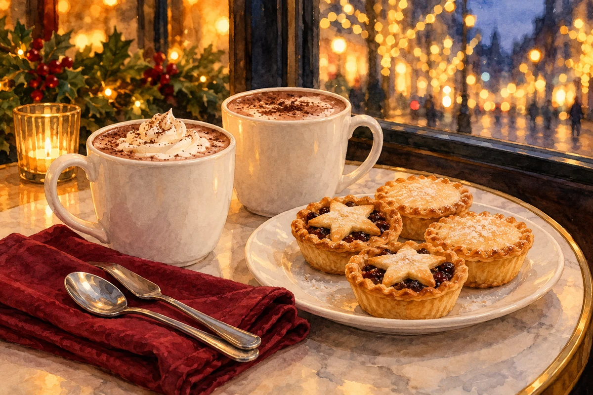 Watercolour of hot chocolate and mince pies in a Christmas cafe