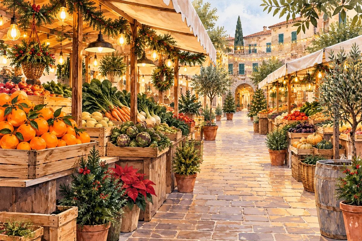 Watercolour produce market decorated with festive lights