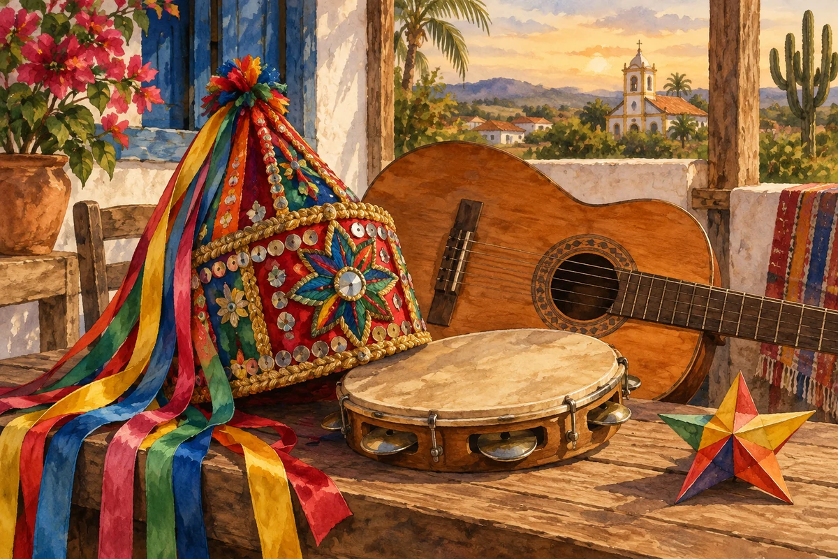 Watercolour reisado-inspired hat with ribbons and musical instruments Watercolour reisado-inspired hat with ribbons and musical instruments