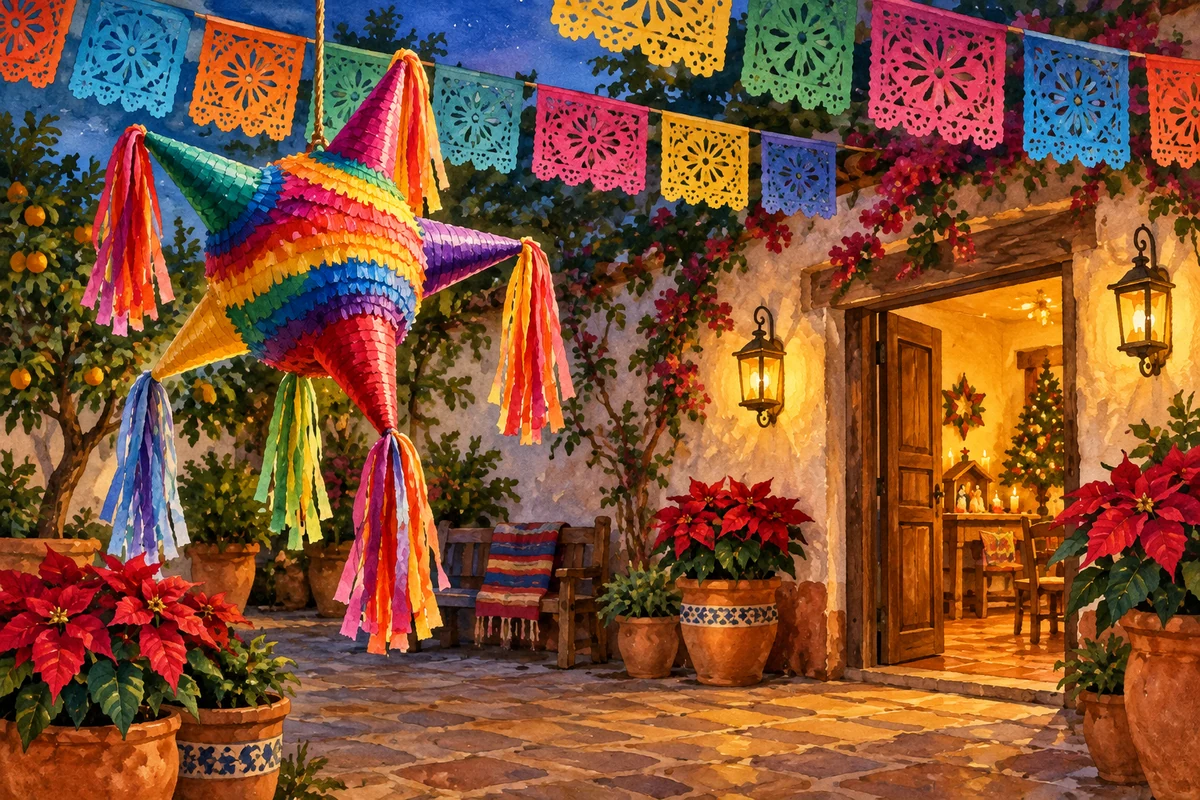 Watercolour star piñata and papel picado in a festive courtyard