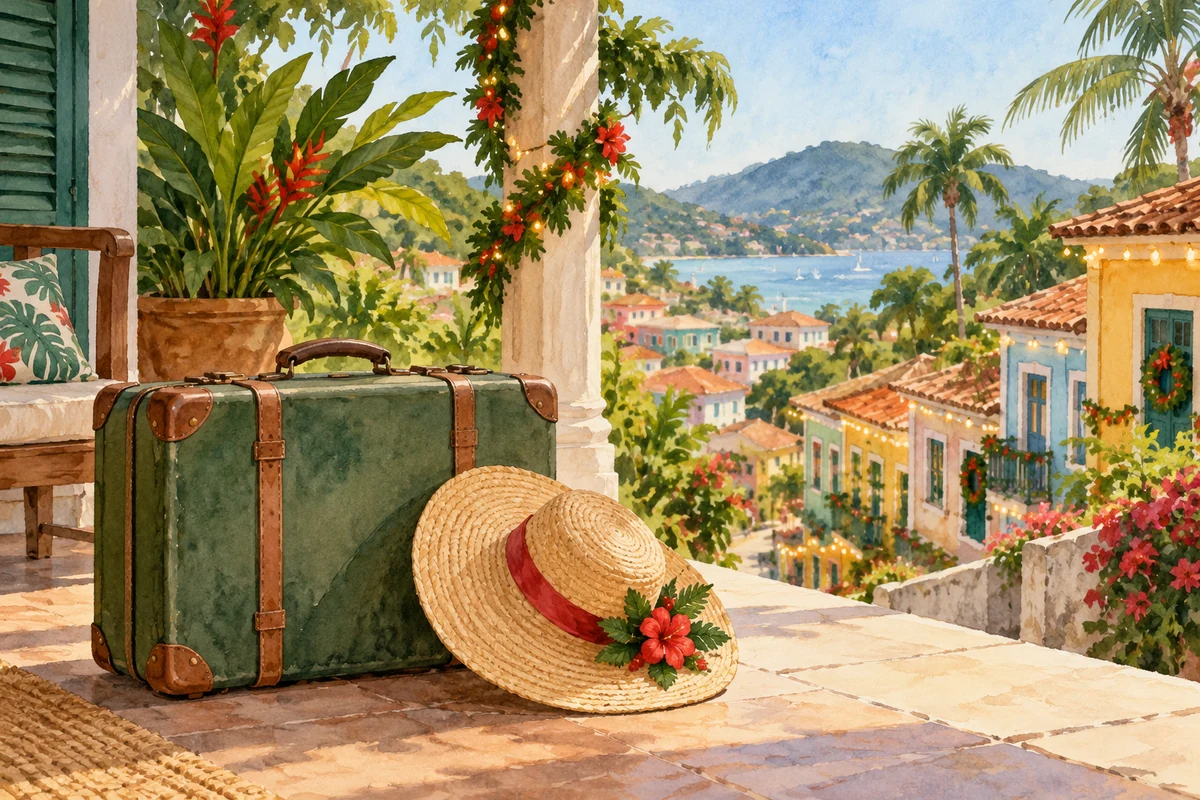 Watercolour summer Christmas travel scene inspired by Brazil
