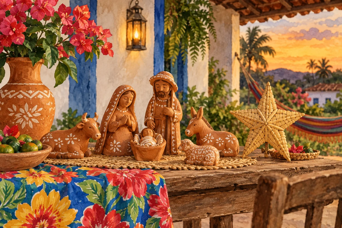 Watercolour terracotta nativity figures with floral chita fabric Watercolour terracotta nativity figures with floral chita fabric